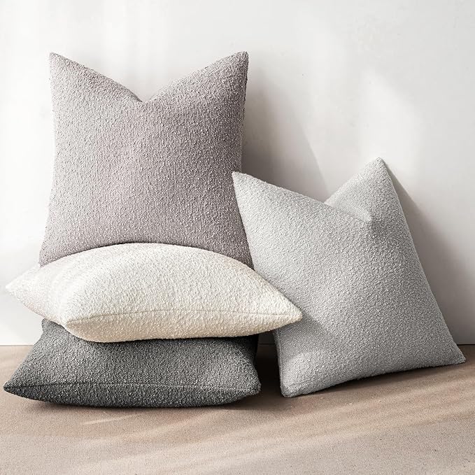 MIULEE Decorative Boucle Throw Pillow Covers 18x18 Inch Grey Set of 4 | Neutral Textured Accent Pillow Cases Soft Couch Cushion Covers for Modern Farmhouse Boho Sofa Bed Livingroom Home Decor