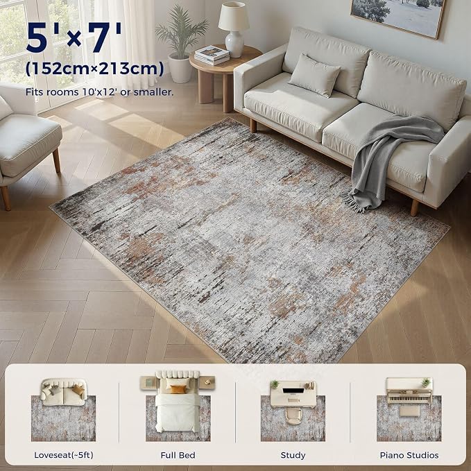 DMOYEST Area Rug Living Room Rugs - 5x7 Large Soft Indoor Neutral Modern Abstract Low Pile Washable Rug Carpet for Bedroom Dining Room Farmhouse Home Office - Grey Rust