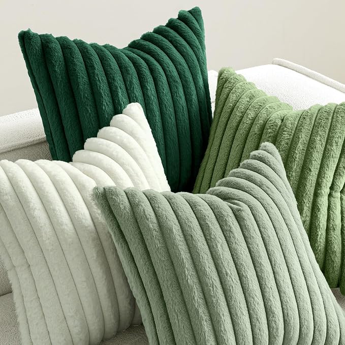 MIULEE Faux Fur Plush Decorative Throw Pillow Covers 20x20 Set of 4, Spring Modern Soft Fuzzy Striped Cushion Covers for Sofa Couch Bed Living Room Cozy Home Decor,Green