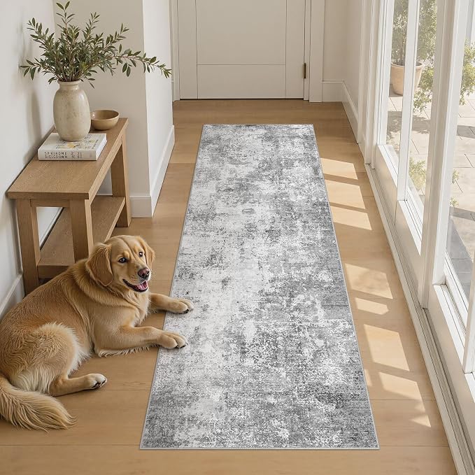 Machine Washable Runner Rug 2x6, Non Slip Soft Rug for Hallway | Modern Abstract Carpet, Stain Resistant and Kid & Pet Friendly, Joint-Friendly Indoor Rug, Made for Kitchen, Bathroom - Gray