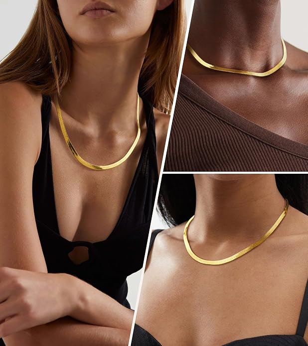 Wowshow 14K Gold Plated Italian Snake Chain Necklace Flat Herringbone Choker Dainty Necklace Bracelet Set for Women 16-18-20 Inch