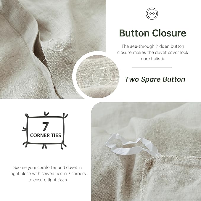 Simple&Opulence 100% Linen Duvet Cover Set, 3 PCS Natural French Flax Linen Duvet Cover Queen Size, Breathable Soft Comfy Linen Bedding Comforter Cover with 2 Pillowcases(Linen, 88"x92")
