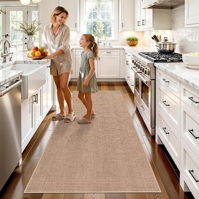 3x6 Runner Rug Washable Non Slip: Solid Color Faux Jute Boho Kitchen Rug | Thin Easy Clean Indoor Farmhouse Rug for Entryway Kitchen Hallway Bedroom - Outdoor Patio Rug, Modern Decor Mat (Beige,3x6)