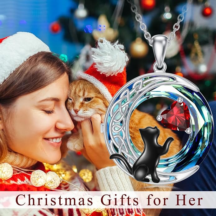 TOUPOP Cat Gifts for Cats Lovers 925 Sterling Silver Black Cat Necklace Celtic Moon Birthstone Jewelry for Women Anniversary Birthday Gift for Her Wife Mom