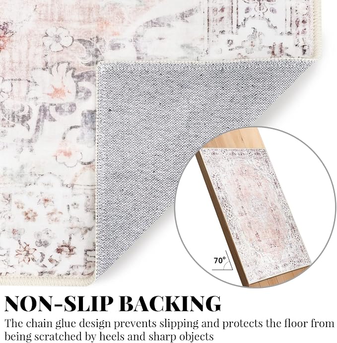 MUJOO Pink Rug 4'x6.5' Area Rugs Boho Washable Non Slip Low-Pile Floral | Machine Washable Throw Carpet for Bedroom Living Room Office Entryway Small Soft Floor Indoor Flowers Light Blush