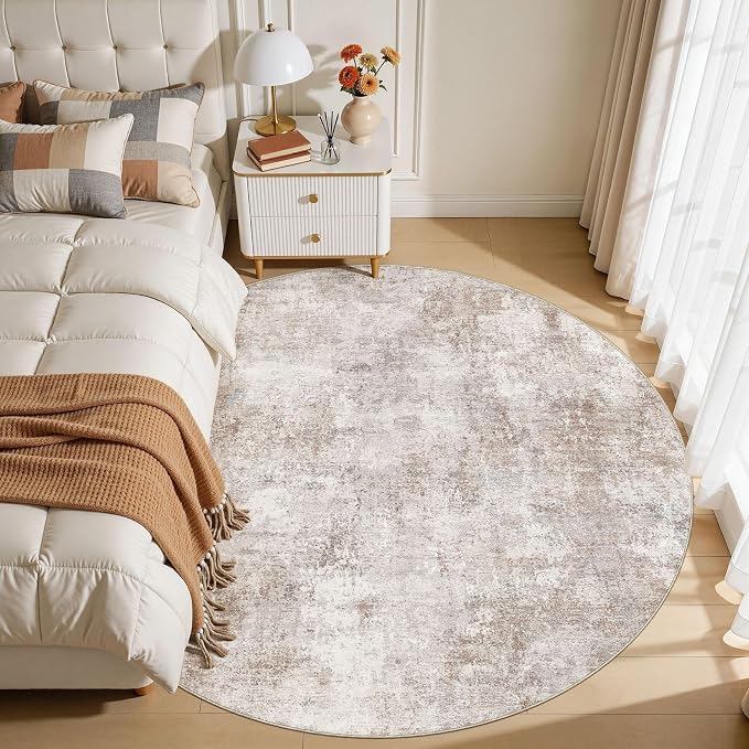 6Ft Round Area Rug for Living Room, 6x6 Washable Rugs Non-Slip Soft Large Modern Abstract Pattern Low Pile Carpet for Bedroom Indoor Floor Nursery Home Decor - Brown