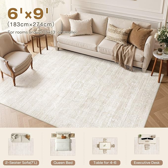 Nakagishi 6x9 Area Rugs Living Room: Washable Large Vintage Rug Neutral Non-Slip Soft Stain Resistant Indoor Carpet for Bedroom Nursery Dining Room Office Playroom - Beige White
