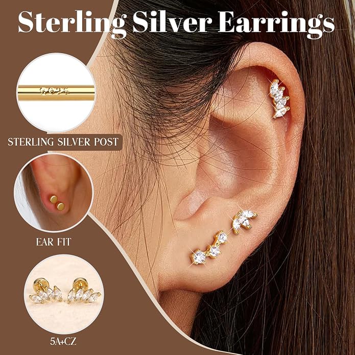 YADOCA 13 Pairs Hypoallergenic Surgical Steel Flat Back Earrings for Women Trendy 316L Stainless Steel Flatback Stud Earring Sets for Multiple Piercing Small Cartilage Hoop Earring Stacks