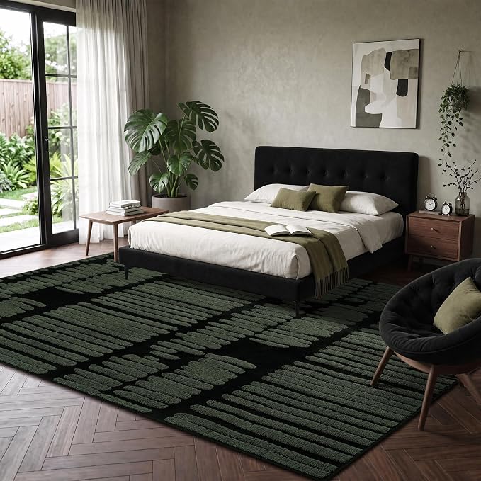 YIHOUSE Abstract 8x10 Area Rug Olive Green: Washable Geometric Rug | Modern, Textured High Low Pile, Fluffy Soft, Striped Carpet for Living Room, Bedroom, Dining Room, Home Office Decor