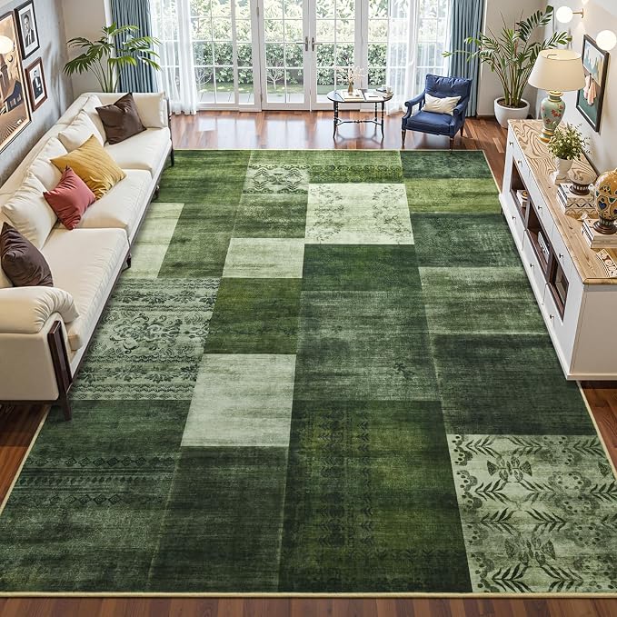 DweIke Washable Area Rugs 4x6 for Living Room, Modern Geometric Green Soft Patchwork Carpet, Non-Slip Stain Resistant Throw Rug for Bedroom Dining Room Office Home Decor