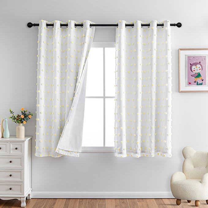 MYSKY HOME 100% Blackout Curtains for Nursery Thermal Insulated Yellow Pom Pom Curtains 63 Inch Length for Girls Bedroom 2 Panels Grommet White Sheer Curtains for Dining Room, 52W x 63L