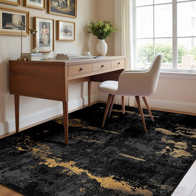 RELEANY Washable Area Rugs 3'x5' Non-Slip Modern Abstract Soft for Living Room Entryway Bedroom Kitchen, Print Pattern, Dark Black Gold