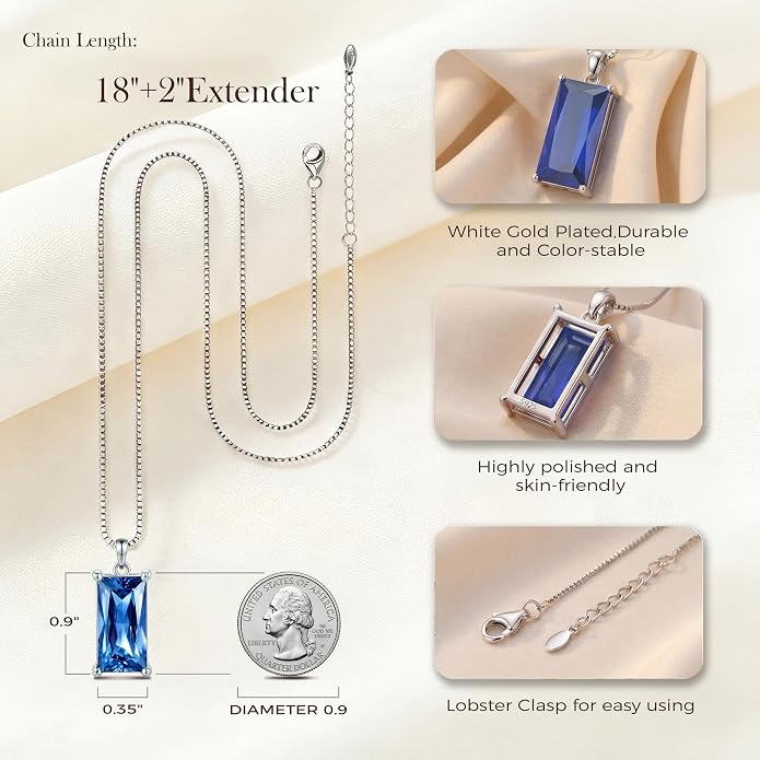 8mm x 16mm Square Birthstone Pendant Necklace – Fashion charming Sterling Silver Gift for women