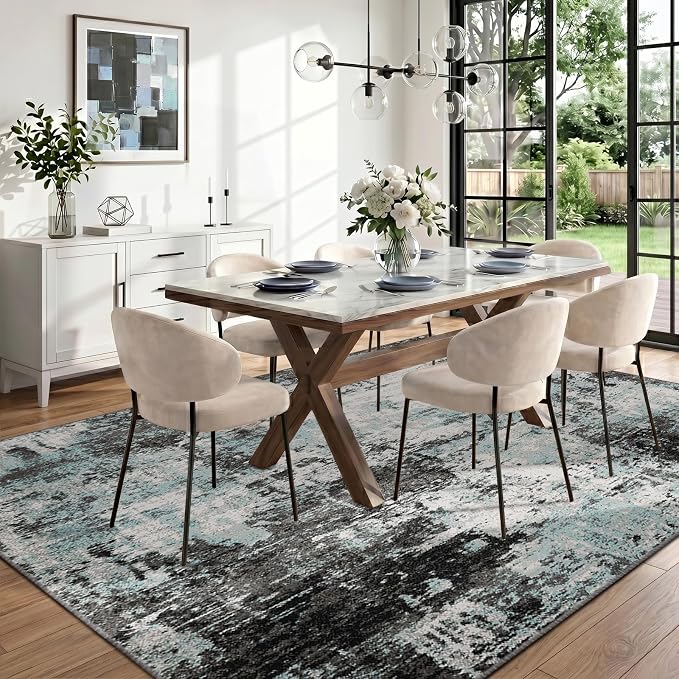 RELEANY Washable Area Rugs 7'x9' Non-Slip Modern Abstract Soft for Living Room Entryway Bedroom Kitchen, Print Pattern, Blue Black Teal