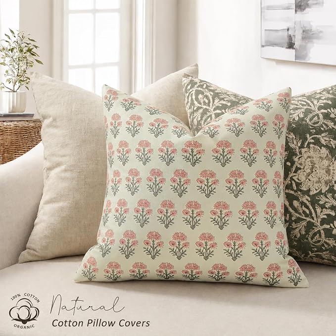 Farmhouse Floral Pillow Covers 18x18 Set of 2, Country Botanical Throw Pillow Cover for Sofa Couch Bed Living Room, Earthic Vintage Flower Cushion Covers Cottage Home Decor,Sage Bloom