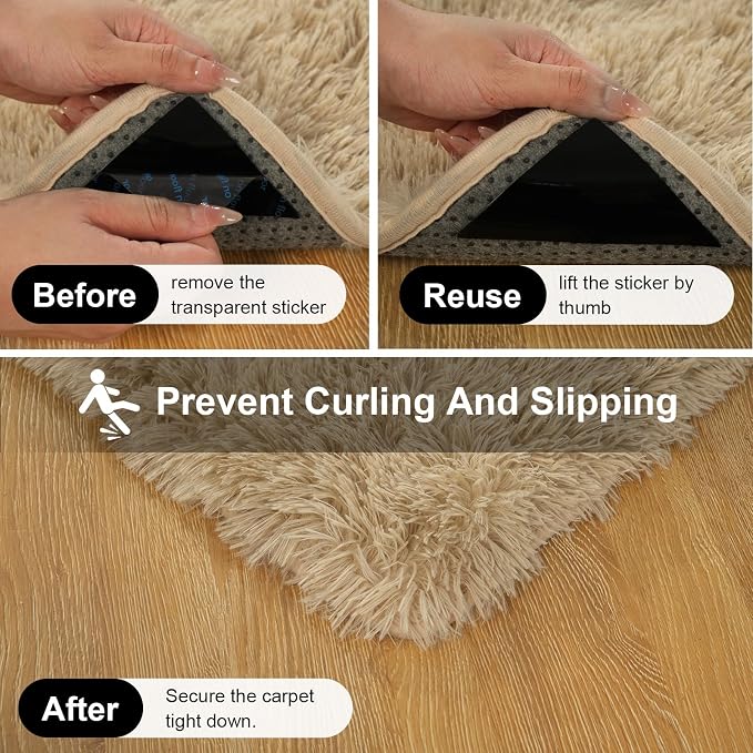 2x3 Rugs for Bedroom, Fluffy Area Rugs for Living Room, Small Fuzzy Shag Soft Carpet with 4 Non-Slip Adhesive Strips for Kids Boys and Girls Nursery Dorm Room Home Decor (2ft X 3ft, Light Tan)