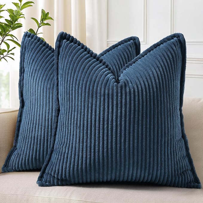 decorUhome Fall Corduroy Navy Blue Throw Pillow Covers 26x26 Set of 2 | Euro Sham Couch Decorative Soft Modern Boho Farmhouse Pillow Covers Broadside Striped Pillow Cases for Living Room Bed Sofa