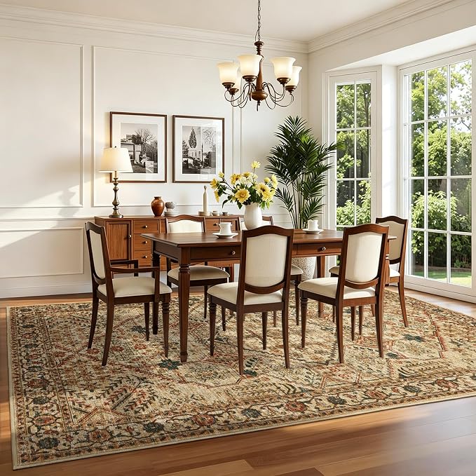 Joydeco 5x7 Area Rugs for Living Room, Machine Washable Vintage Area Rugs, Low Pile Non Slip Carpet, Lightweight Chenille Print Rug for Bedroom, Dining Room, Home Office, Tan