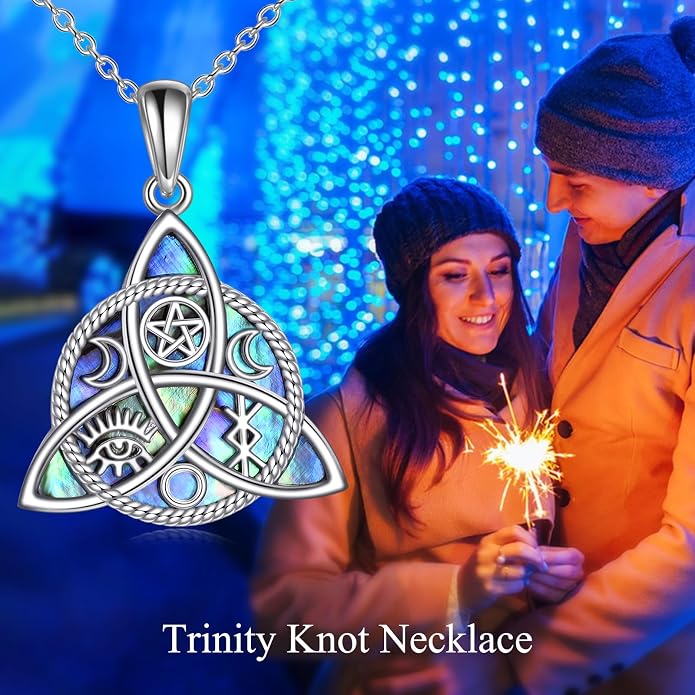 YFN Triple Moon Goddess Necklace Sterling Silver Pentagram Pentacle Opal Pendant necklace Pagan Wiccan Magic Amulet Tree of Life Jewelry for Women Men 18"