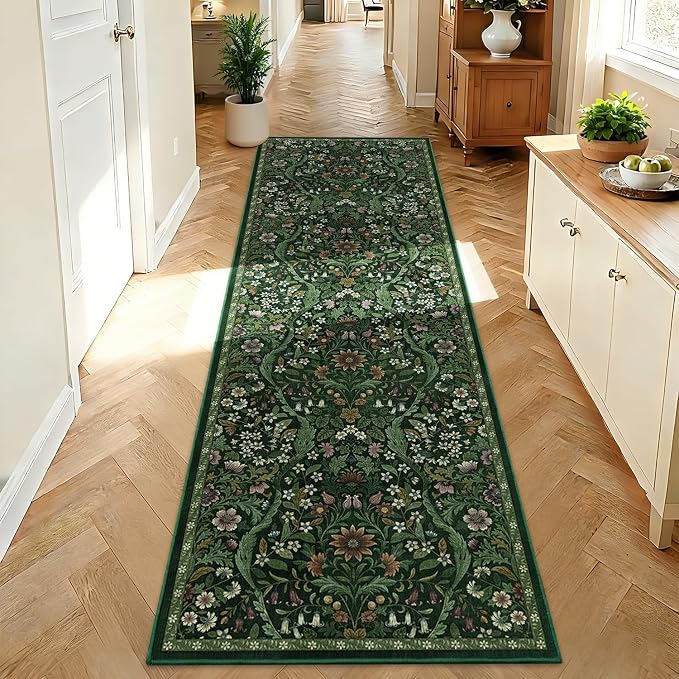 2’6″x 8’ Washable Runner Rug,Dark Green Floral Kitchen Rugs for Hallway,Low-Pile Non-Slip Stain Resistant Carpet for Kitchen, Bedside,Laundry Room,Entryway