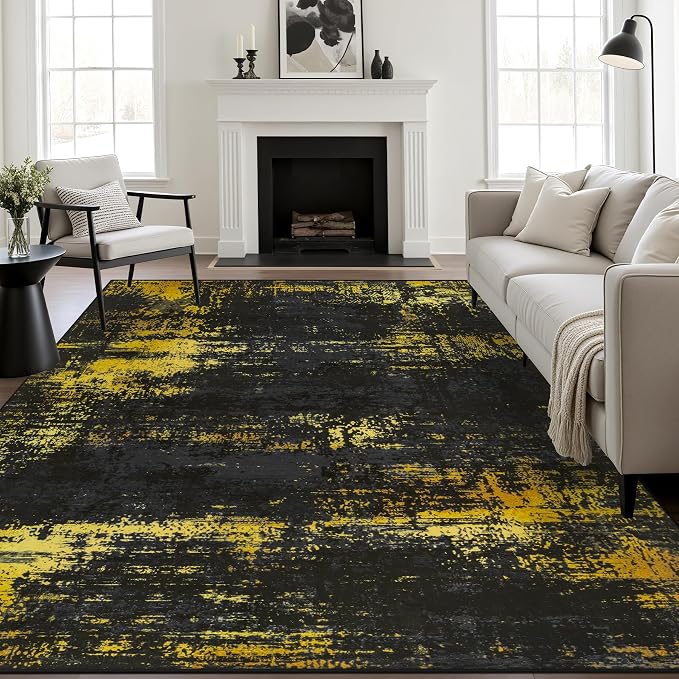 10x14 Area Rug Living Room Rug: Washable Modern Abstract Soft Thin Rug Indoor Floor No Slip Carpet for Bedroom Dining Room Farmhouse Nursery Home Office - Dark Black Gold