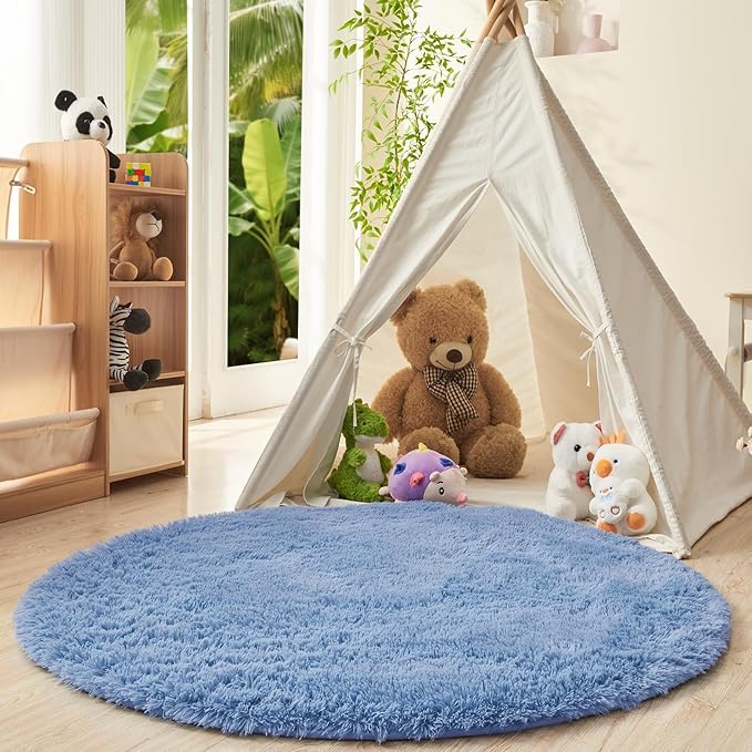 OPPODREAM 5ft Blue Circle Rug for Bedroom, Ultra-Soft Round Rugs 5-ft for Living Room, Fluffy Carpet for Nursery, Kids, Girl, Boy, Baby, Plush, Fuzzy, Shag, Shaggy, Cute Home Decor
