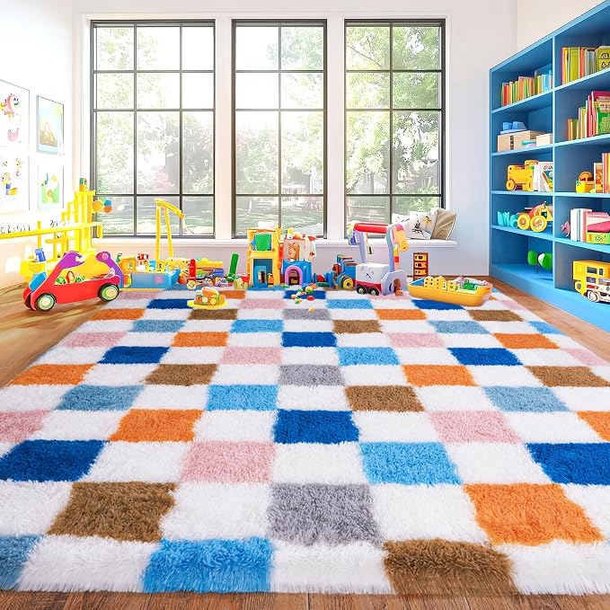 Pionblank 9x12 Area Rug, Large Fluffy Checkered Rugs for Living Room, Shag Rug for Bedroom, Soft Non Slip Shag Carpet for Kids Room Nursery Home Decor, Rainbow