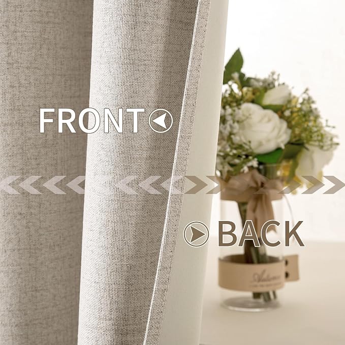 MIULEE Linen Textured Curtains for Bedroom Solid 100% Blackout Thermal Insulated Natural Grommet Room Darkening Curtains & Drapes Luxury Decor for Living Room 52 x 45 Inch (2 Panels)