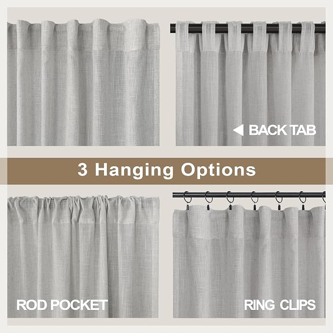 Pitalk Light Grey Curtains 90 Inches Long for Living Room 2 Panels Back Tab Loop Pocket Light Filtering Draperies Soft Linen Semi Sheer Gray Curtains for Bedroom Modern Farmhouse Decor 52x90 Length