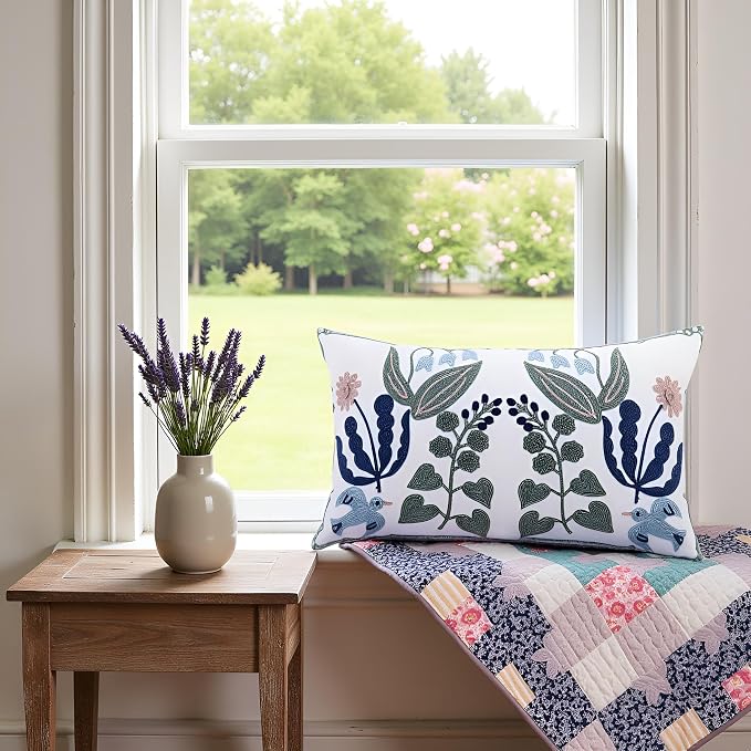 Embroidered Throw Pillow Covers 12x20 inch Set of 2 Green Leaves with Birds Floral Tufted Pillowcases Summer Decorative Coastal Pillow Cushion Cases Lumbar Navy Blue Flower Pillow Case