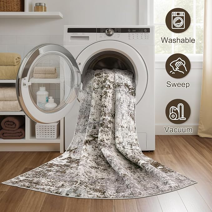 DMOYEST 8x10 Area Rug for Living Room, Washable & Non Slip Large Indoor Carpet, Kid & Pet Friendly Soft Thin Low Pile Abstract Rug for Bedroom and Office - Dark Brown