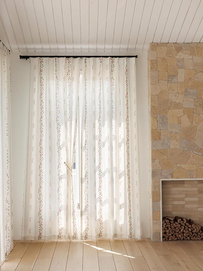 DrapePalette - Linen Blend Pinch Pleated Curtains 108 Inches Long for Living Room, Bedroom, Dining Room, Light Filtering Curtains 2 Panels Set, Modern Floral Printed Design, Pink Pearl, 30" W x 108" L