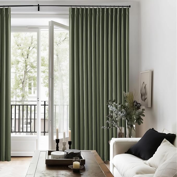 Olive Green Pleated Linen Blackout 102 Inch Curtains for Bedroom 2 Panels | 100% Black Out Thermal Insulated, Pinch Pleat with Rings Hooks, Room Darkening Drapes with Liner, for Living Room W40xL102