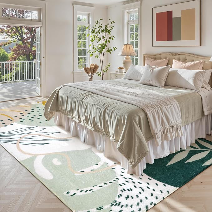 Lahome Green Machine Washable Large Rug - 8 x 10 Area Rugs for Living Room Non-Slip Lightweight Throw Boho Rugs, Soft Botanical Print Indoor Floor Carpet for Bedroom Office Dining Room Classroom
