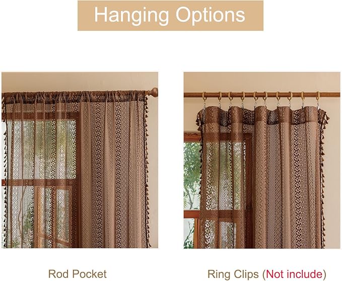 Sutuo Home Boho Lace Curtains 2 Panels Set for Living Room Bedroom,Semi Sheer Window Curtains Drape Privacy Country Vintage Tassels Victorian Style Taupe Rustic Rod Pocket Decor, 50" x 96" Dark Coffee