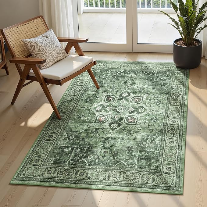 Sage Green Vintage 3x5 Entryway Rug - Farmhouse Boho Eclectic Floral Pastel Moss Green Carpet, Washable Low Pile Non-Slip Area Rugs for Door Mat, Indoor Entrance, Kitchen, Laundry, Beside Bed