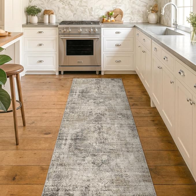 2'6"x8' Runner Rug for Hallway, Washable Taupe Brown 8ft Long Kitchen Rug, Non Slip Entryway Carpet with Rubber Backing, Dark Academy Décor, Stain Resistant Medallion Abstract Design