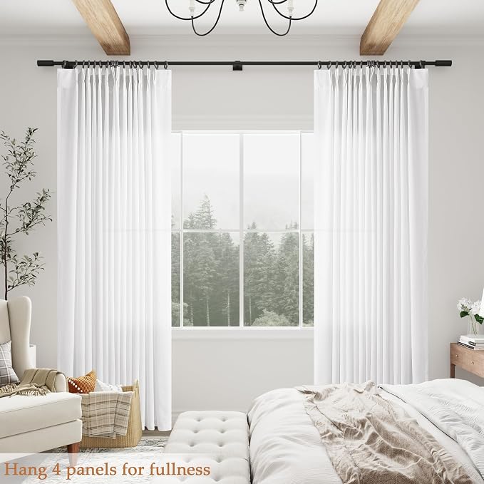White Linen Curtains 84 Inches Long for Living Room Pinch Pleat with Hooks for Track System Back Tab Cotton Textured Drape Light Filtering Semi Sheer Off White Bedroom Window Curtain 84 Inch Length