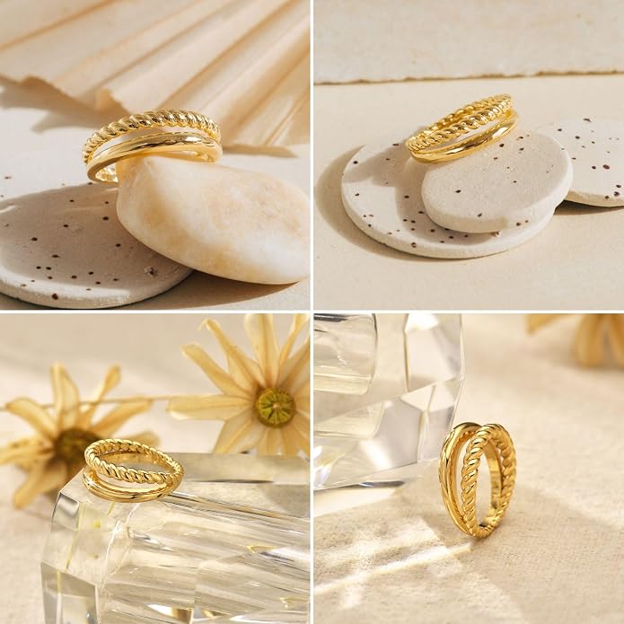 Kainier 14K Gold Chunky Rings for Women14K Gold Plated Dainty Radial Rings High Polish Statement Band Classic Double Twisted Ring Comfort Fit Size 5 to 10