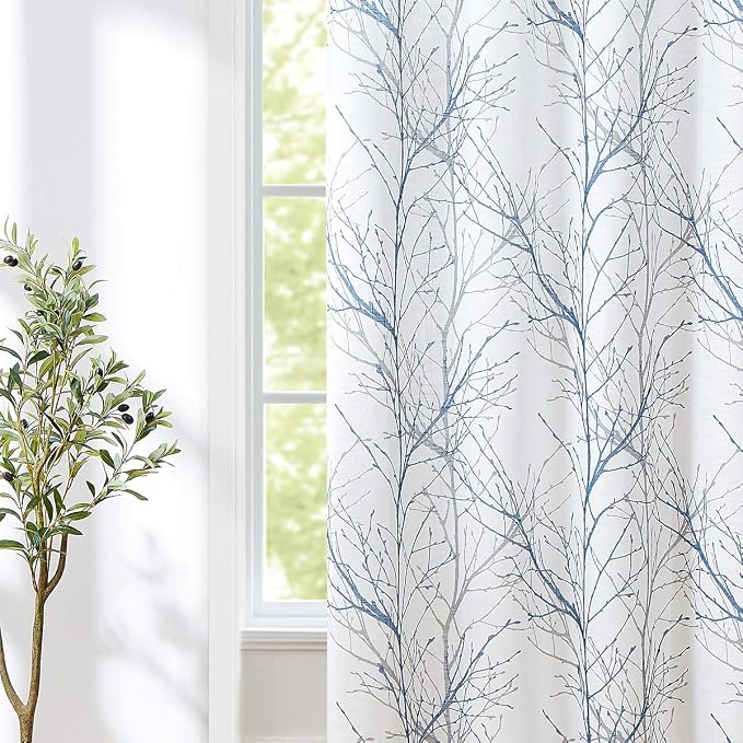 FMFUNCTEX Linen Blue White Semi Sheer Patio Curtains 96 Inch Long 1 Panel | Extra Wide Sheer Patterned Patio Door Drapes, Tree Branch Print, Grommet Top for Sliding Doors and Airy Farmhouse Privacy