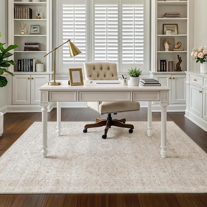 FMFUNCTEX 4x5 Washable Area Rug Beige Vintage Neutral Distressed Non Slip Low Pile Floral Retro Indoor Carpet for Entryway Entrance Thin Soft Rug Living Room Bedroom Kitchen Office Desk Laundry