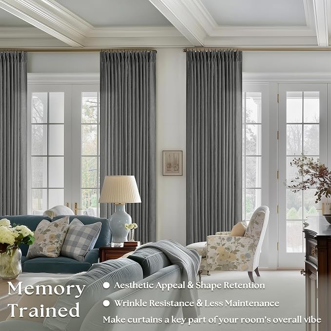 Charcoal Grey Pleated Linen Semi Sheer Curtains 45 Inch Length 2 Panels | for Kitchen Small Bay Window Basement, Pinch Pleated with Hooks Rings Back Tab, Memory Shape, Thick Linen Semi Sheer, W40xL45