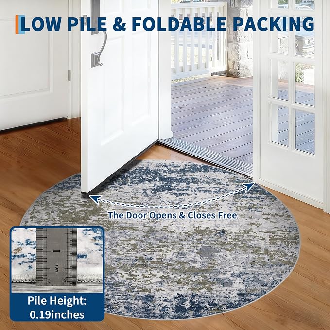 ROYHOME Modern Abstract 6x6 Round Area Rug Non Slip Non Shedding Rug Low Pile Stain Resistant for Bedroom Living Room Office Dining Room,Navy