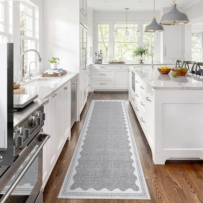 2.5x8 Scalloped Runners Grey Washable Hallways Bedroom Rug | Solid Non Slip Scalloped Bath Runner, Rugs for Bedroom Girls, Rugs for Kitchen Floor Soft Dorm Nursery Carpet for Bedside