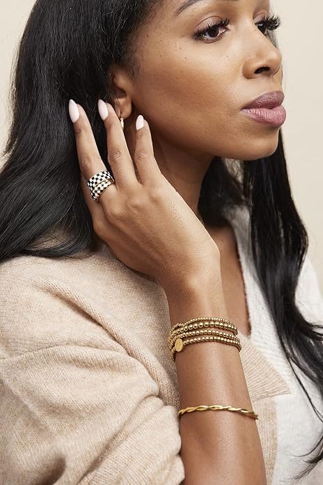 Shapes Studio 18K Gold Plated Titanium Checker Dome Ring. Vintage Styled Women Checkered Ring, Stackable Ring