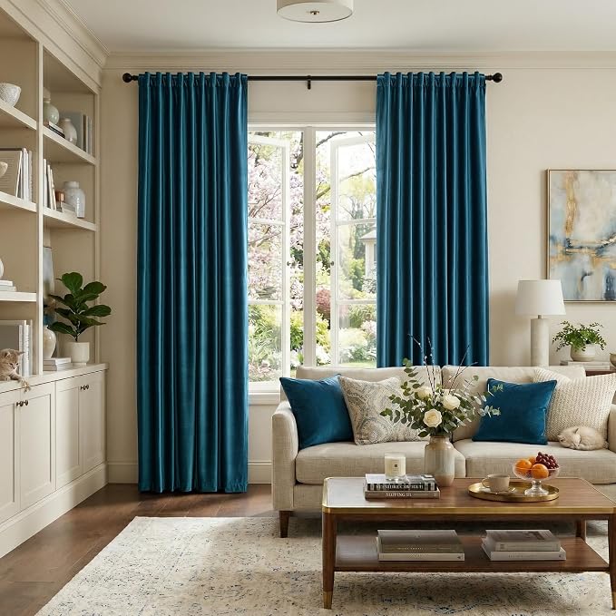 Peacock Blue Velvet Curtains 84 inch Long for Living Room,Luxury 2 Panels Room Darkening Rod Pocket Back Tab Curtain Elegant Thermal Insulated Heavy Soundproof Decorative Window Drapes for Bedroom