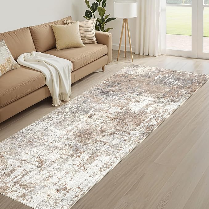 Runner Rug Kitchen Washable Rugs: 2x10 Non-Slip Abstract Soft Modern Stain Resistant Indoor Floor Neutral Accent Throw Carpet for Hallway Bathroom Laundry Room Entryway Bedroom- Brown