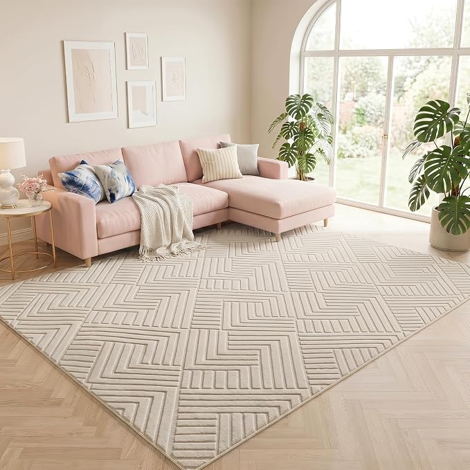 Bsmathom 9x12 Washable Area Rug, Boho Neutral Modern Soft Carpet Mat, Beige | Machine Washable, Low Pile Fluffy Plush, Non-slip, Geometric Textured, For Living Dining Kids Room Bedroom Indoor Dorm