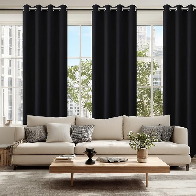 Hiasan Blackout Curtains for Bedroom, 52 x 102 Inches Long - Thermal Insulated & Light Blocking Window Curtains for Living Room, 2 Drape Panels Sewn with Tiebacks, Black