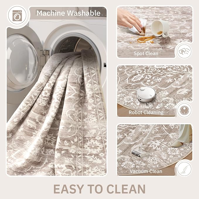 Soalmost Washable Round Rug 9ft for Living Room,Soft Circle Rug Light Brown | Vintage Floral Ultra-Thin Non-Slip 9x9 Round Throw Carpet for Nursery Bedroom Kitchen Dining Room 9'Round